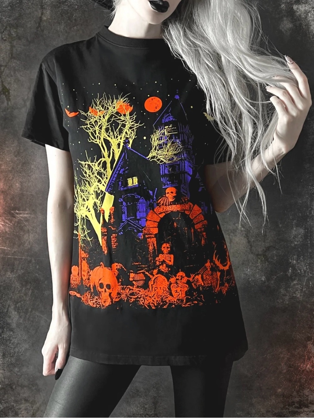 Unisex Black Halloween Haunted House Art Print Tee: Neon Orange, Yellow & Purple